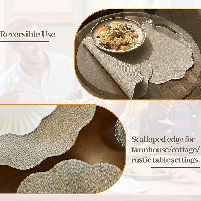 AHHFSMEI Round Faux Linen Placemats Set of 8 Heat Resistant Non-Slip Stain Proof Table Mats for Kitchen Dining Elegant Decor Place Mats (Linen Beige,8)
