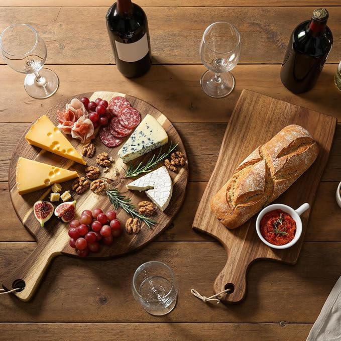 Hsei 2 Pcs Acacia Wood Cutting Board with Handle Wooden Charcuterie Board Large Paddle Carving Chopping Set Butter Serving Tray for Cheese Meat Fruit Bread (Irregular Style,16x12,16.5x8.27 Inch)
