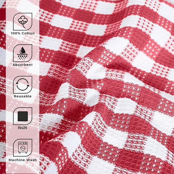 Blue Needles Waffle Weave Kitchen Towels, 15x25 Inches 100% Cotton Set of 6 Dish Cloths for Kitchen, Ultra Soft & Absorbent with Hanging Loop, Dish Rags for Quick Drying, Assorted - Burgundy