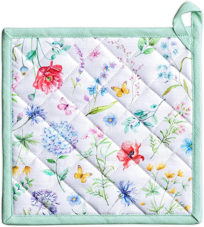 Maison d' Hermine Pot Holders 100% Cotton Heat Resistant Potholders 8" x 8" Hot Pads with Loop BBQ Cooking Baking Gifts for Mothers Day Handling Hot Pans Spring/Summer (Pack of 1, Just Floral)