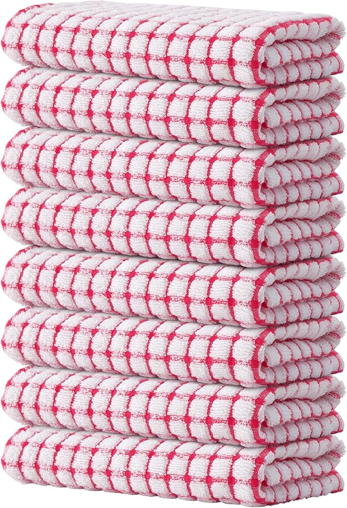 Kitinjoy Cotton 8 Pack Terry Kitchen Towels, 16 x 25 Inches Super Soft and Absorbent Dish Towels, Quick Drying Hand Towels for Kitchen Drying, Red