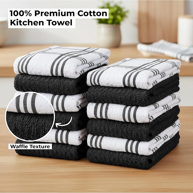 RIVERSIDE Pack of 12 Premium Kitchen Towels 16 x 26 Inches, 100% Cotton Kitchen Hand Towels, Super Soft and Highly Absorbent Dish Towels for Kitchen (Black)