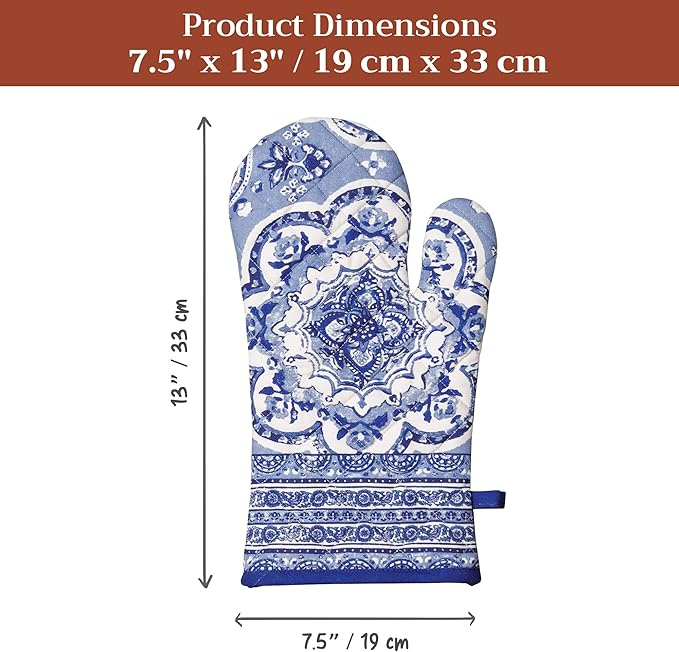 Maison d'Hermine Oven Gloves 100% Cotton Oven Mitt 7" x 13" with Loop Heat Resistant BBQ Cooking Gloves Baking Grilling Gifts for Mothers Day Spring/Summer (Pack of 1, Melodie Bleue)