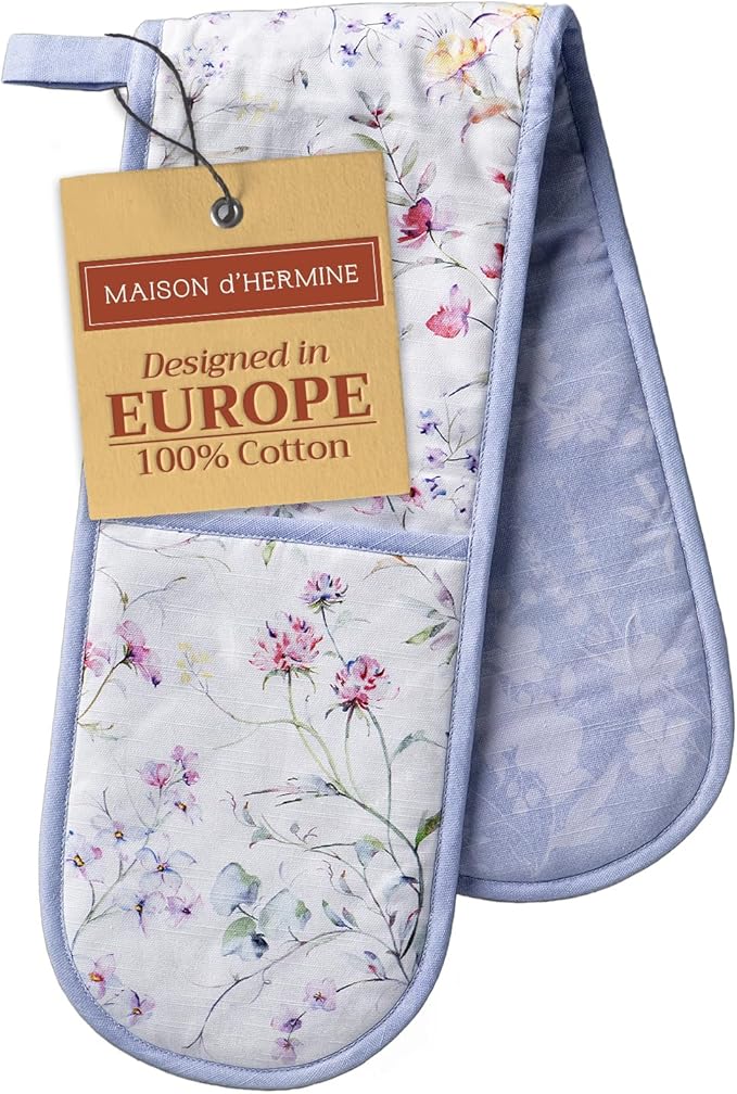 Maison d' Hermine Double Oven Mitts 100% Cotton 7"x35" Double Oven Mitt Heat Resistant BBQ Cooking Gloves with Loop Baking Grilling Gifts for Mothers Day Spring Summer (Summer Floral)