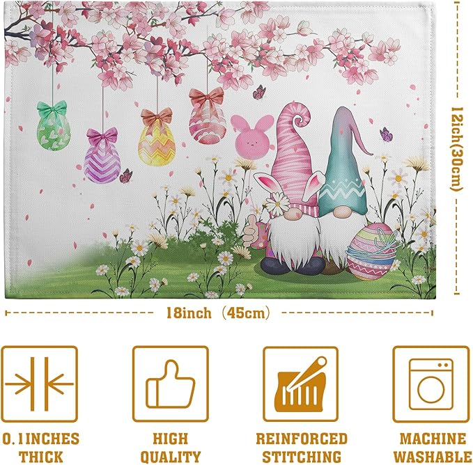 Easter Gnomes Bunny Placemats Set of 4 Easter Eggs Flowers Place Mat 12x18 Inch Seasonal Spring Farmhouse Washable Linen Table Mats for Party Kitchen Dining Outdoor Indoor Decor