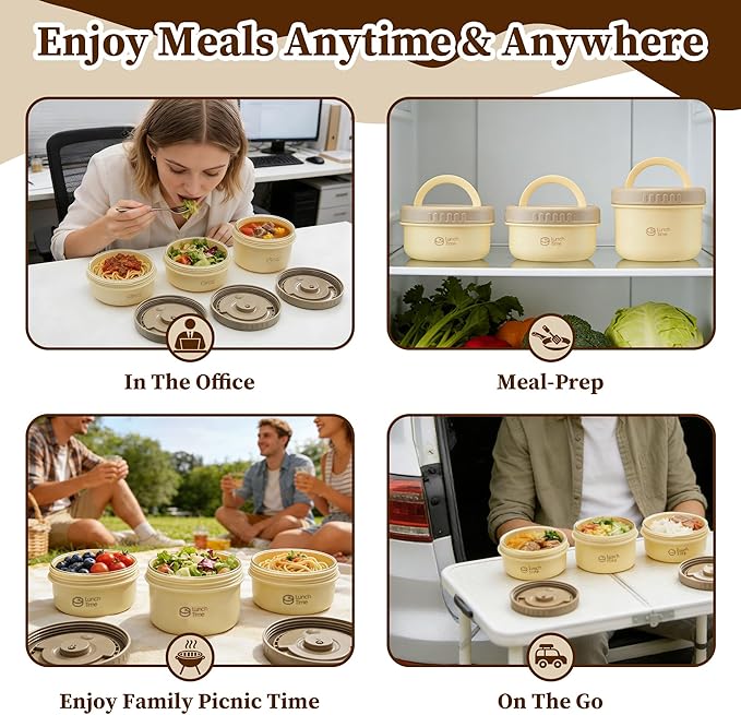 Portable Bento Box Adult Lunch Box Set, 3 Pcs Glass Lunch Container for Adults, 15 Oz+15 Oz+22 Oz Adult Lunchable Containers with Insulated Bag, Leak-Proof, Microwave Safe (Yellow (Glass Liner))