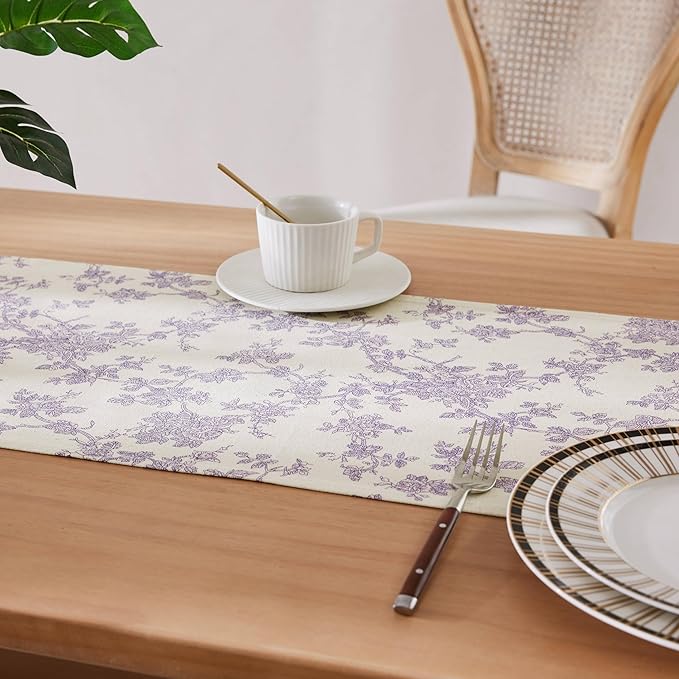 100% Cotton French Pastoral Table Runners, 13x48 Inch Purple Farmhouse Table Runners 48 Inches Long, Vintage Flowers Print Home Decors