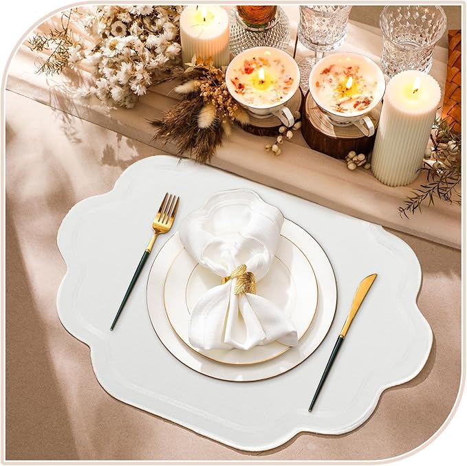 Breling 6 Pcs Wedding Placemats Scalloped Embroidered Cotton Linen Placemats 17" x 13" Double Layered Machine Washable Table Place Mat for Party Table Decor (White)
