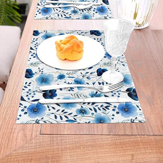 Blue Floral Watercolor Linen Placemats Set of 4, 12" x 18" Heat Resistant Washable Boho Blue Table Mats for Dining Table Kitchen Party Outdoor, Elegant Home Decor & Gift for Floral Nature Enthusiasts