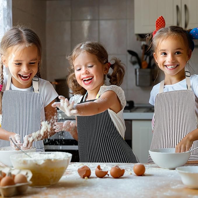 3 Pack Stripes Kids Apron, Adjustable Kids Cooking Aprons with 2 Pockets, Cute Chef Baking Aprons for Boys and Girls
