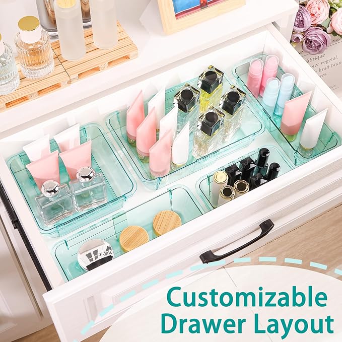 15 Pcs Extendable Clear Drawer Organizer, All Adjustable Vanity Storage Box, 2-Size Desk Drawer Organizer, Acrylic Storage Bins for Makeup, Bedroom Dressers Tool Organizer for Gadgets, Blue