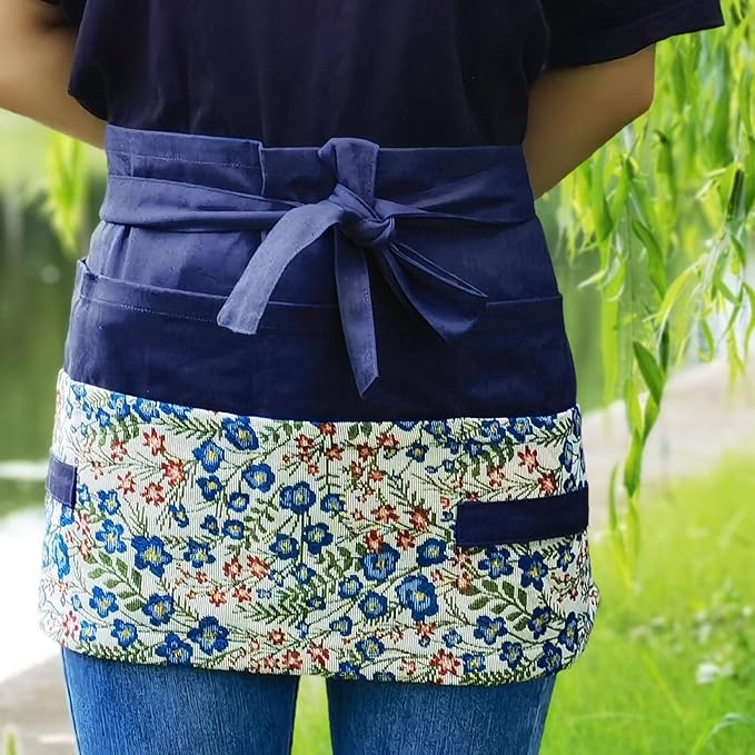 Garden Apron for Woman, Serve Apron Cute, Flora Half Apron with 8 Pockets, Valentines Gift for Mom Wife Girlfriend
