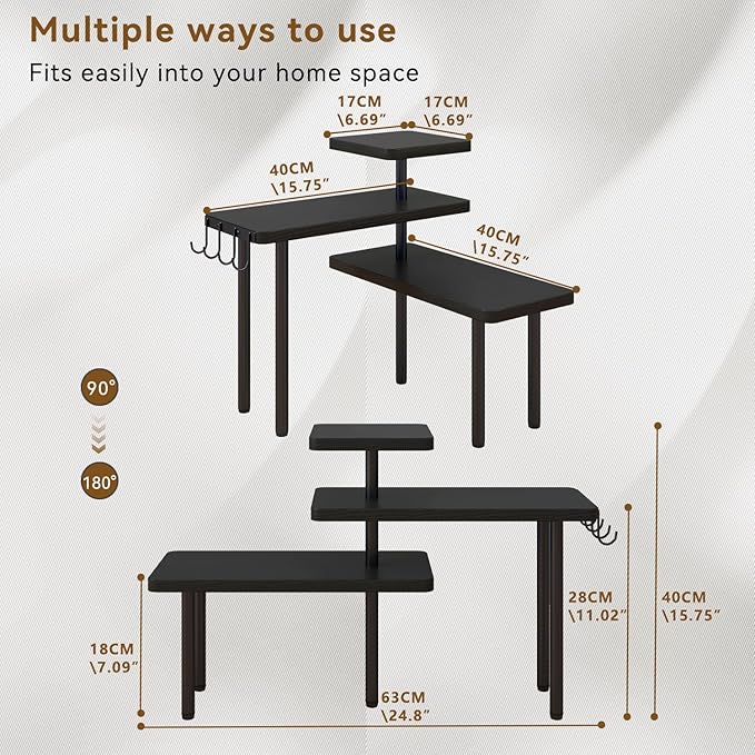 IBUYKE Countertop Organizer,3-Tier Spice Racks,Kitchen Counter Corner Shelf,4 Side Hooks,Adjustable Countertop Shelf for Kitchen, Bathroom, Coffee Bar, Cabinet, Desk,Black,TLJ023B