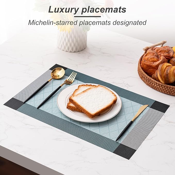 CADONO Placemats Set of 4 Washable Indoor/Outdoor Vinyl Place Mats for Dining Table Durable Non-Slip Heat Resistant PVC Weave Table Mats（Rhombus-Lake Blue）
