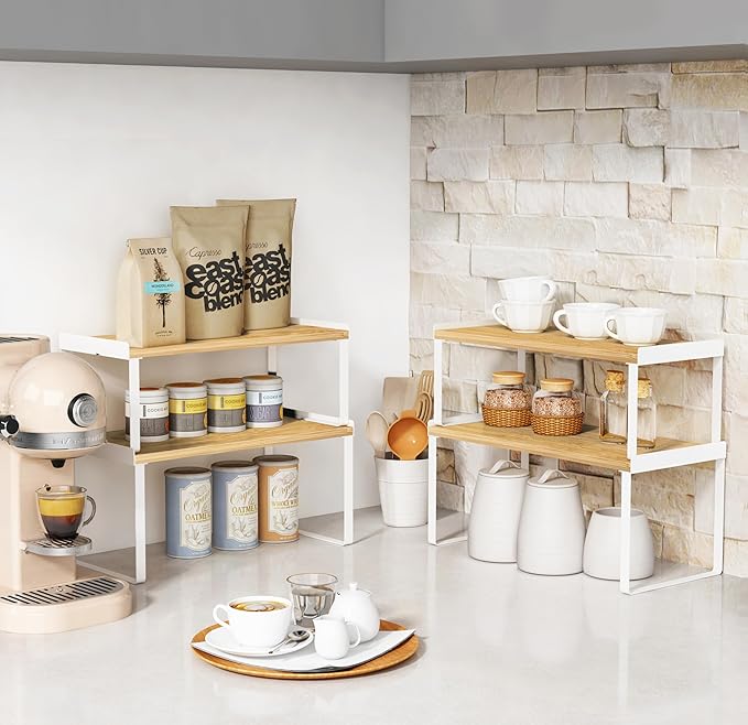 Goozii Kitchen Cabinet Organizer Shelf Set of 4, Large Stackable Pantry Cupboard Countertop Storage and Organizer, Desk Shelf Riser, Spice Plate Cup Expandable Storage Rack (Bamboo White)