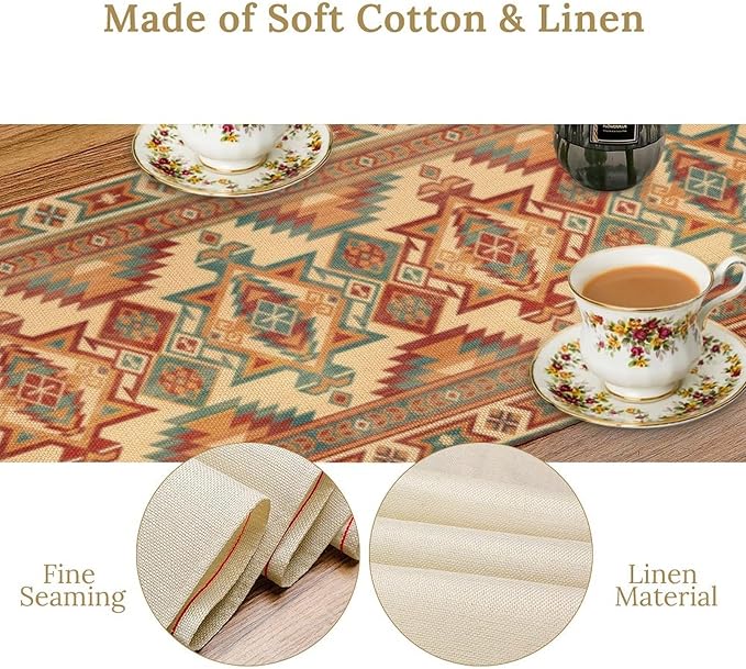 Retro Aztec Table Runner, Western Countryside Native Tribal Art Printed Runner for Home Kitchen Dining Table Living Room Decor Fabric 1 Panel W13xL36in
