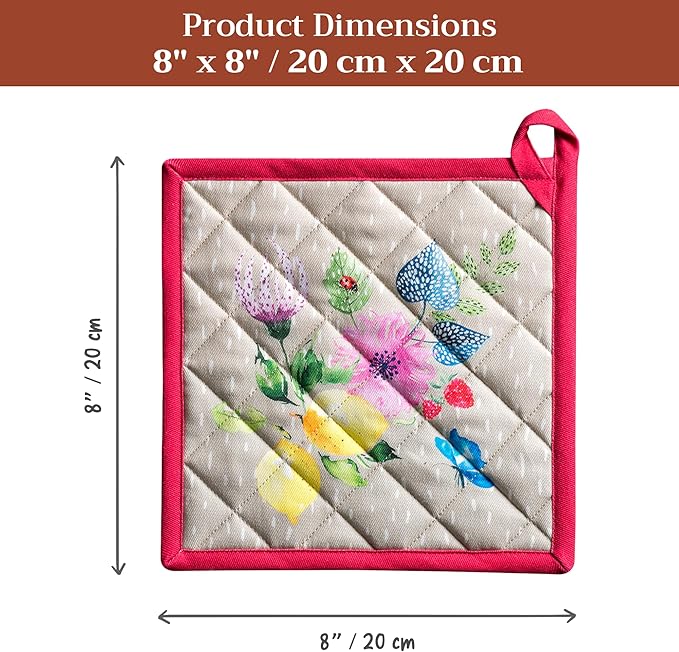 Maison d' Hermine Pot Holders 100% Cotton Heat Resistant Potholders 8" x 8" Hot Pads with Loop BBQ Baking Gifts for Mothers Day Handling Hot Pans Spring/Summer (Pack of 1, Jardin D'Ete - Fog)