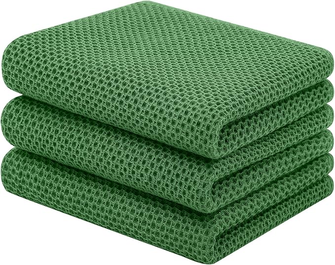 Homaxy 100% Cotton Waffle Weave Kitchen Towels, 3-Pack Ultra Soft Absorbent Dish Towels, Quick Drying Cleaning Towels, 13 x 28 Inches, Grass Green