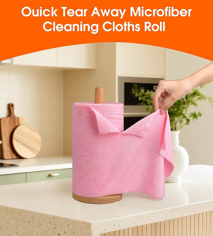 Microfiber Cleaning Cloth Roll - 100 Pack Tear Away Microfiber Paper Towels, Reusable, Washable, Scratch-Free, Kitchen Towels for Car, Home, Kitchen, Glass, Dishes(Pink)