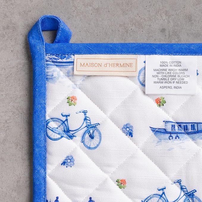 Maison d' Hermine 100% Cotton Oven Mitt & Pot Holder Set (7.5"x13" & 8"x8") Heat Resistant Cooking Gloves with Loop Baking Grilling Kitchen Gifts for Mothers Day Spring/Summer (Amsterdam Canals)