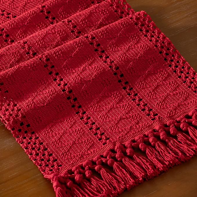 DeZerlor Boho Macrame Table Runner Spring Easter Farmhouse Woven Table Runner with Tassels 90 Inches Red Cotton Linen Kitchen Table Decor for Dining Dresser Home Tea Table Decor