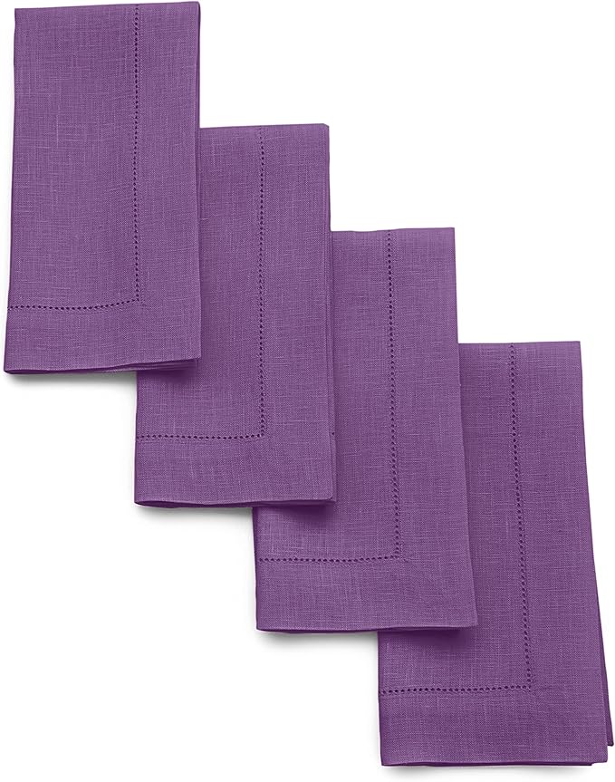 Solino Home Purple Linen Napkins Set of 4-100% Pure Linen Hemstitch Dinner Napkins 20 x 20 Inch for Mothers Day, Spring, Summer - Classic Hemstitch