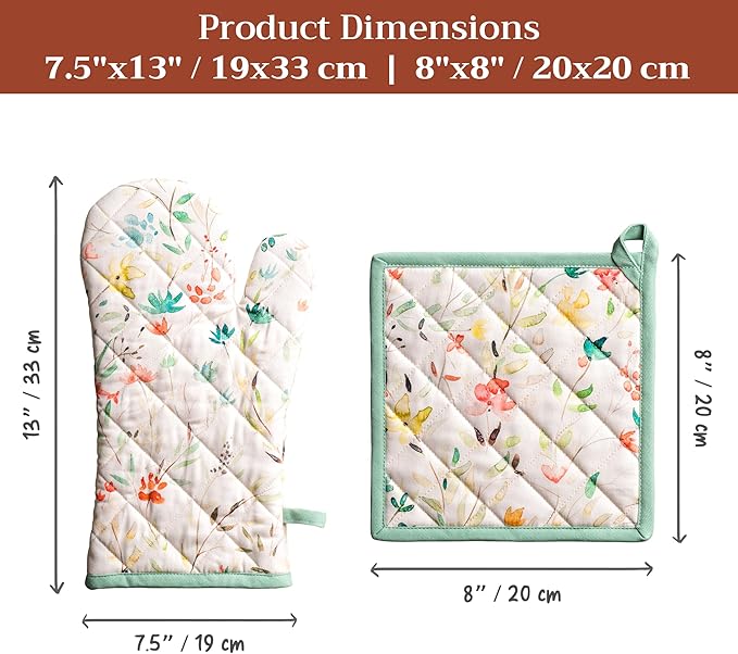 Maison d' Hermine 100% Cotton Oven Mitt & Pot Holder Set (7.5"x13" & 8"x8") Heat Resistant BBQ Cooking Gloves with Loop Baking Grilling Kitchen Gifts for Mothers Day Spring/Summer (Colmar)
