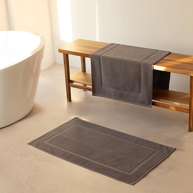 SALBAKOS 100% Turkish Cotton Bath Mat Towel Set of 2 Piece | 20x34 in Large Bath Mats | Luxury Hotel Quality, Thick, Absorbent, Quick Dry Bathmats for Bathroom & Toilet (Gray, 2 Bath Mats)