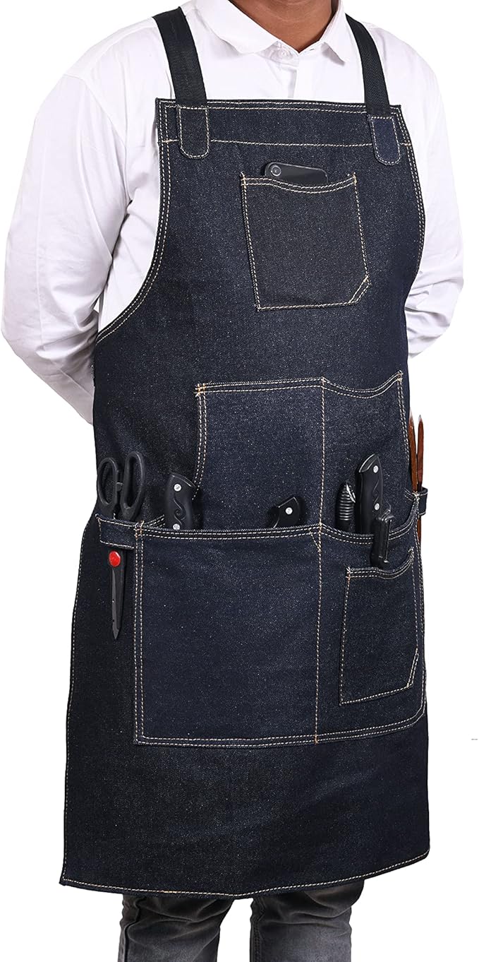 One Size Fits Utility Apron | Adjustable Cross-Back Straps | Multi-Use Shop Apron With Tool Pockets By Aaron Leather Goods (Denim, Cotton)