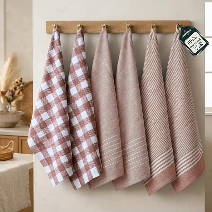 CLOUDSCAPE Kitchen Towels - 6 Pack 18”x28” Quick-Drying Dish Towels for Kitchen, Cotton Blended Stripe Hand Towels with Hanging Loop, Highly Absorbent, Durable Dish Cloths for Washing Dishes -Rust