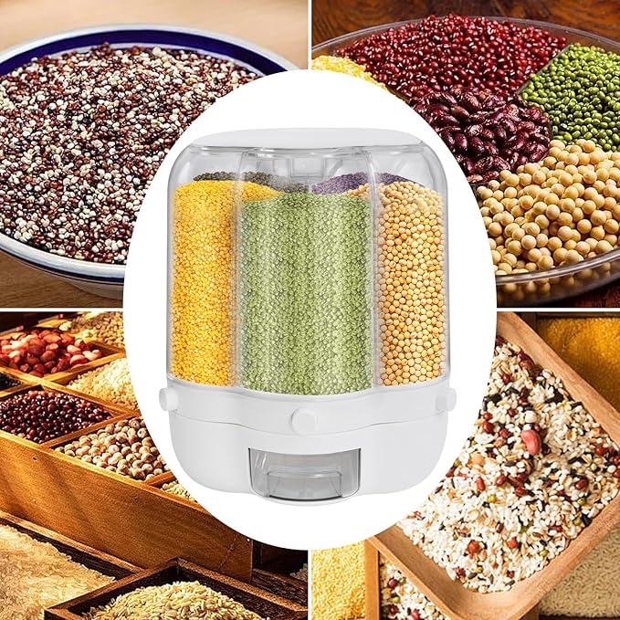 6 Grids Grain Dispenser Can, 360°Rotating Cereal Rice & Grain Storage Container Large Rotating Food Dispenser Sealed Grain Food Storage Bucket with Lid for Kitchen Grains Rice Beans (27.56Lbs White)