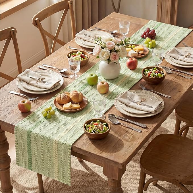Artoid Mode Sage Green Farmhouse Woven Table Runner, Seasonal Holiday Rustic Kitchen Dining Table Decoration for Home Party Decor 12x72 Inch