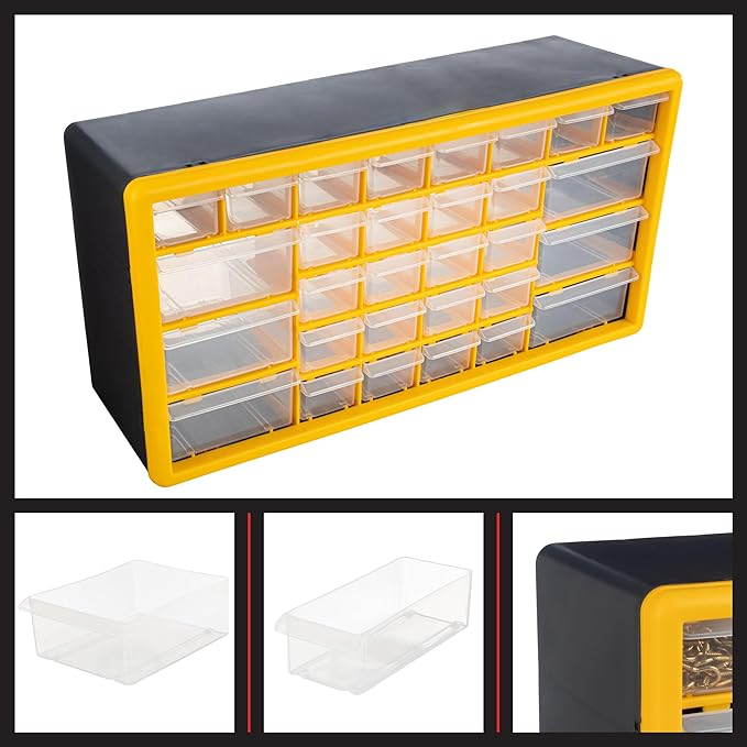 30-Drawer Plastic Small Parts Organizer - Desktop or Wall Storage Drawers for Organizing Hardware, Crafts, Garage, or Classroom by Stalwart (Yellow)