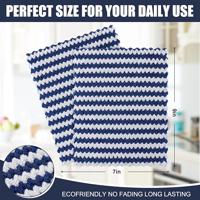 Homaxy 12 Pack Kitchen Dish Cloths, Ultra Soft and Absorbent Dish Towels, Reusable Fast Drying Microfiber Cleaning Cloth, Coral Velvet Wave Design No-lint, 7 x 9 inches, Navy Blue