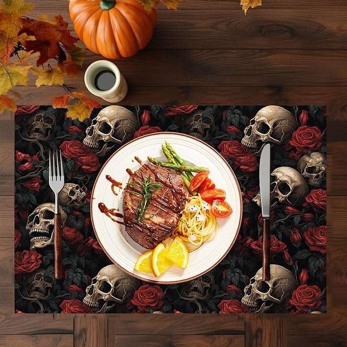 Skull Rose Placemats Set of 6,Washable Heat Resistant 12×18 Inch Linen Table Mats Floral Place Mats for Party Outdoor Dining Décor