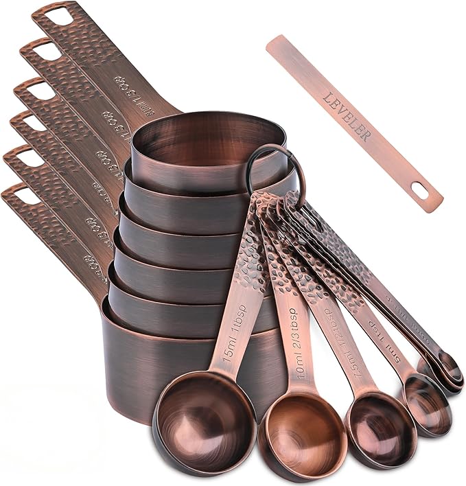 Smithcraft Measuring Cups and Spoons Set 14, Copper Measuring Cups and Spoons Set for Dry & Liquid, Metric & US Stainless Steel 6 Measure Cups and 7 Spoons Set w/Leveler for Kitchen & Baking