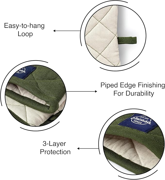 Encasa XO Heat Resistant Cotton Oven Gloves Mitts (2 Pc Set) - Quilted & Safe 12x6.6 in - for Kitchen, Cooking & Baking, Grilling, Handling Hot Pots & Pans - Leaf Green