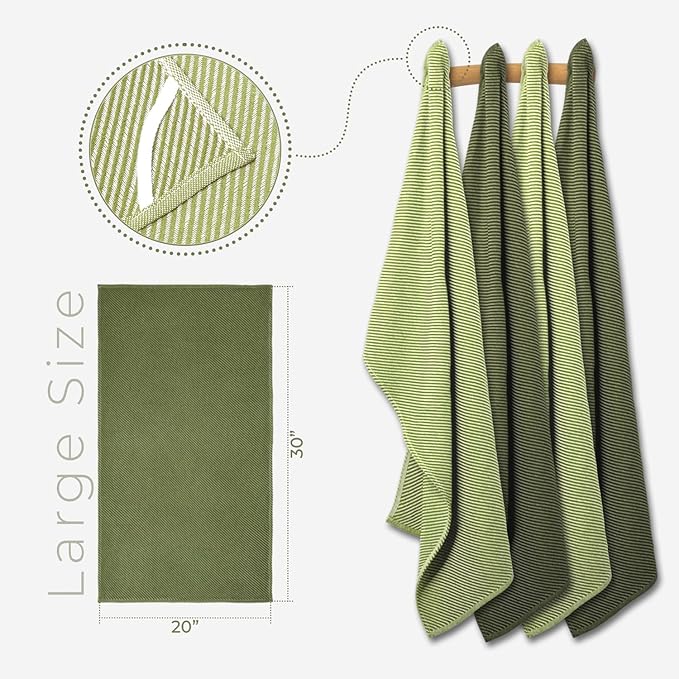 Ossano Kitchen Hand Towels - 4 Pack, (20" x 30") - Extra Soft & Striped - Versatile as, Flour Sack Towels, Kitchen Tea Towel, Dish Drying Towels, Soft Dish Cloths, Sage and Bright Green