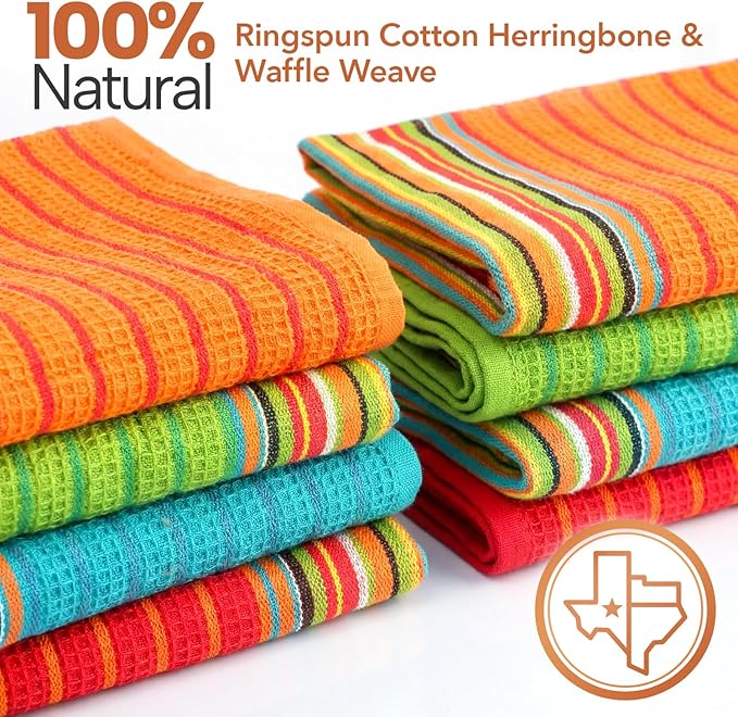 TEXAS LINEN CO. Kitchen Dish Towels, 100% Cotton Salsa Towels, Set of 8 (16x28 Inches), Multi Purpose Cooking Drying Restaurant Bar Cleaning Cloth Napkin, Highly Absorbent, Lint Free, Multi-Color