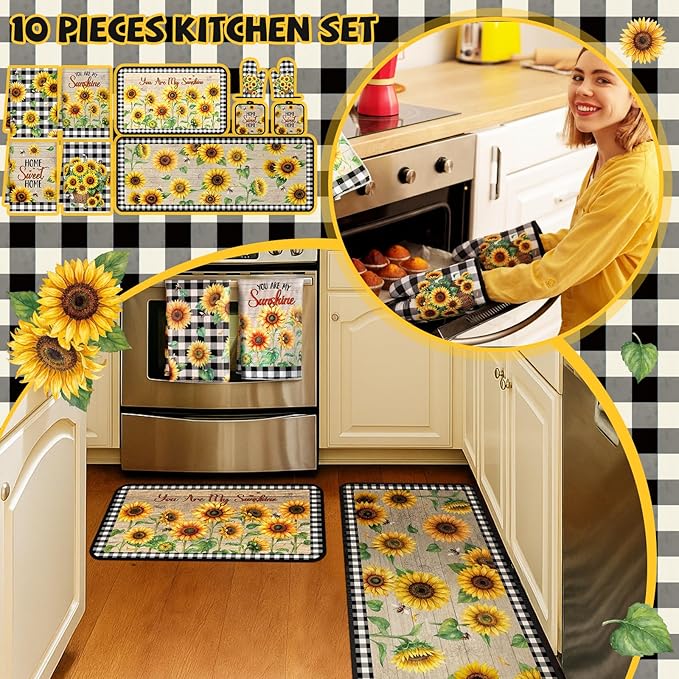 Fourluoo 10 Pcs Sunflower Kitchen Decor Bee Oven Mitts and Pot Holders Set Sunflower Dish Towels Summer Rugs Mats Farmhouse Kitchen Accessories for Chef Baking Cooking Grilling Women Home Retro Gift
