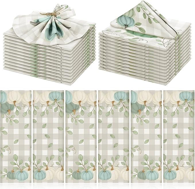 Funnymoom 24 Pcs Thanksgiving Blue White Pumpkin Cloth Napkins Pumpkin Eucalyptus Leaves Reusable Napkins 2 Styles Dinner Soft Absorbent Cloth for Fall Autumn Thanksgiving Party Favors