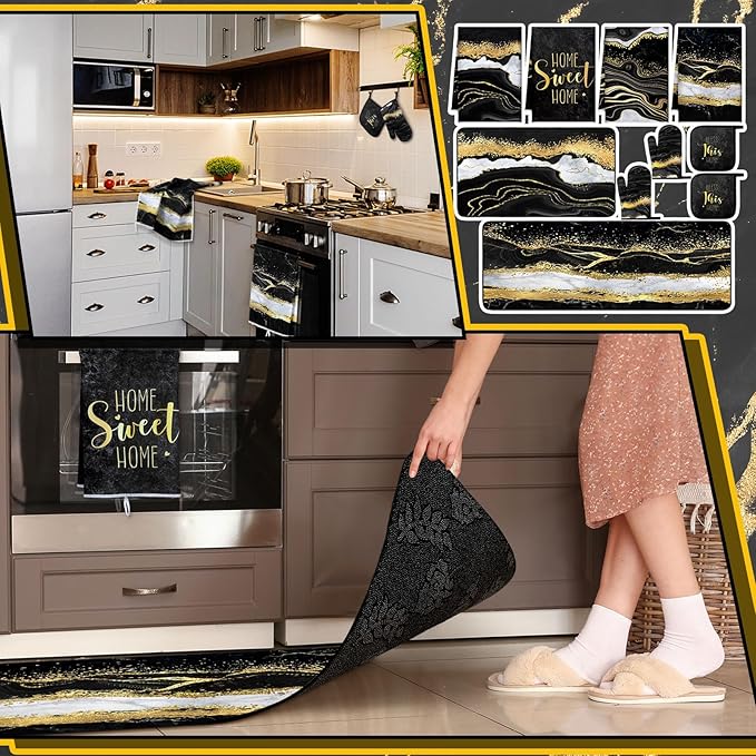 Fourluoo 10 Pcs Marble Farmhouse Kitchen Decor Accessories Set Marble Kitchen Dish Towels Rugs Oven Mitts and Pot Holders Sets for Cooking Baking(Black Gold,Modern)