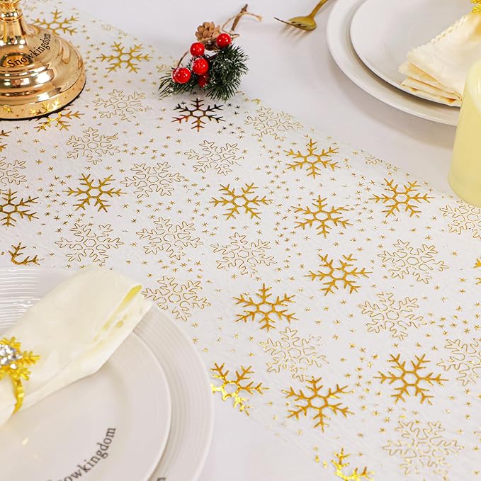 Snowkingdom Christmas Snowflake Gold Table Runner 11 Inch x 49 Feet Sparkly Gold Foil Glitter Metallic Mesh Runners Dining Table Decorations for Seasonal Winter Xmas Festival Holiday Home Party