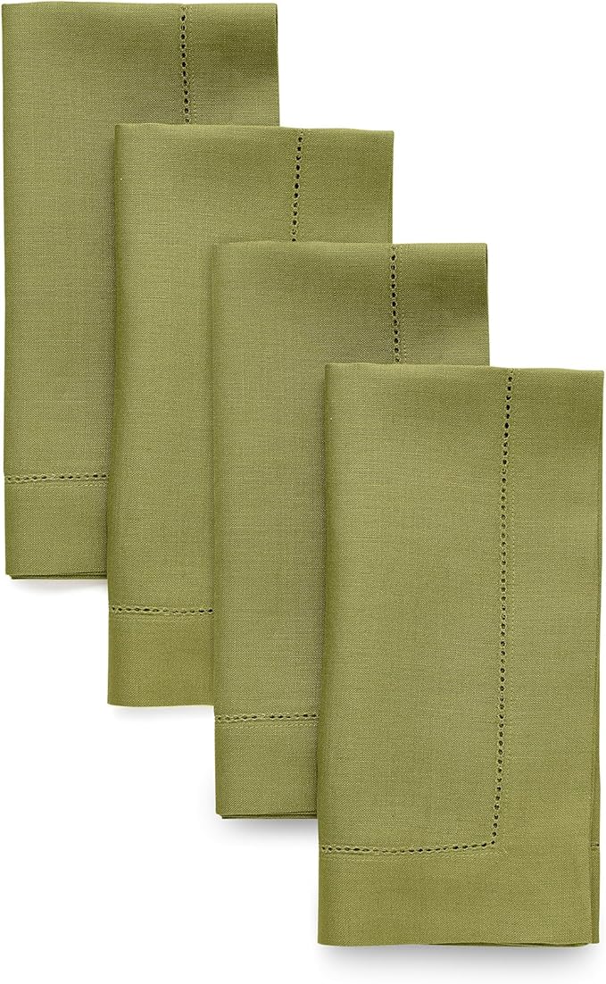Solino Home Linen Napkins Set of 4 - Classic Hemstitch 100% Pure Linen Avocado Green Dinner Napkins Cloth 20 x 20 Inch for Spring, Summer - Handcrafted and Machine Washable