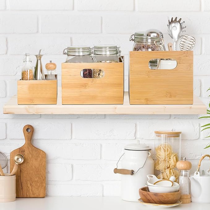 YBM HOME Bamboo Storage Boxes Without Handle, Organization Storage for Kitchen, Living Room, Bathroom, Office, Small
