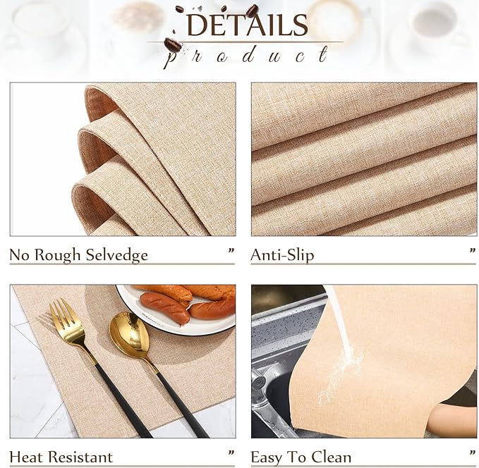 Sieral 12 Set Cloth Placemats Rectangle Dining Table Placemat Bulk 13 x 19 Inch Machine Washable Heat Resistant Cotton Linen Table Mats for Wedding Birthday Party Supplies(Beige)