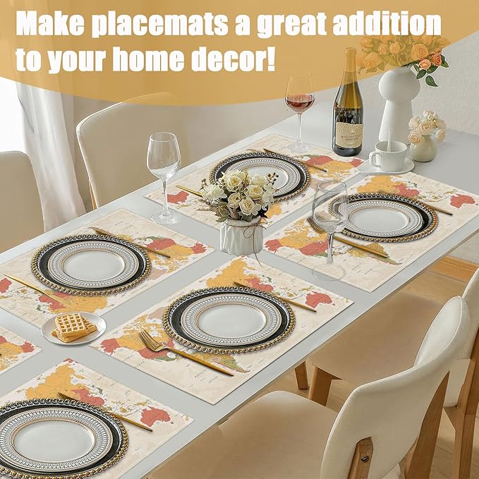 World Map Placemats Set of 6, Linen Place Mat Washable Stain Resistant Table Mats for Farmhouse Kitchen Dining Holiday Party Wedding Decor 12x18 Inch
