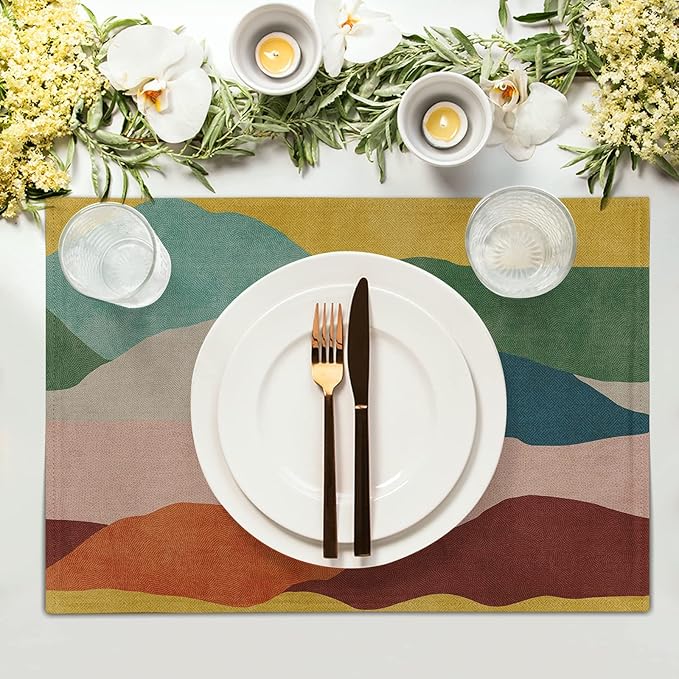 Colorful Art Placemats for Kitchen - Mountain Painting Placemats Set of 4 Abstract Modern Art Linen Table Mat Watercolor Place Mat Decorative Holiday Indoor Outdoor Dinner Decor 12 x 18 Inch