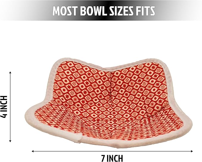 Set of 2 Microwave Bowl 4x7x7 Inch Polyester Cloth Hot Pads with Red Pattern - Multipurpose Heat Resistant Plate Holders - Ramen Pot Cozy or Soup - Pot Holder Microwavable Bowl Cozies for Food