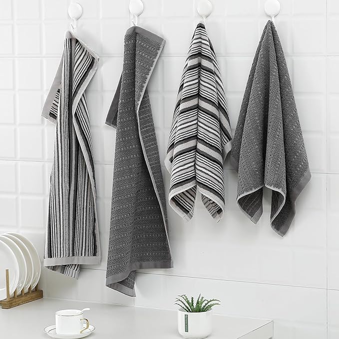 Kitchen Dish Towels for Drying Dishes, Large Cotton Kitchen Towels, Stripped Terry Dish Cloths, Thick Highly Absorbent Towel Sets with Hanging Loop, 16" X 26", 6 Packs, Grey and Solid Color